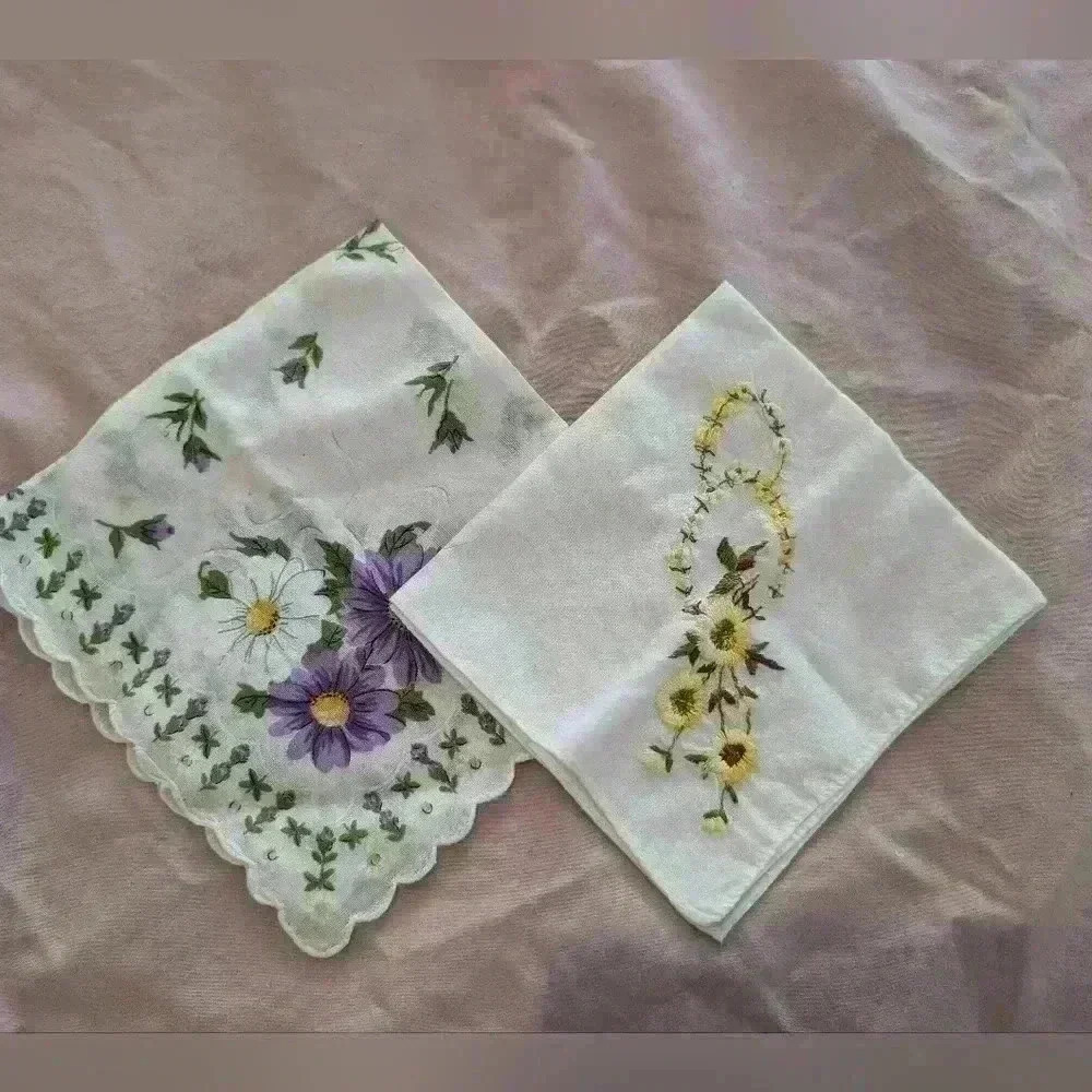 Pair of ladies floral handkerchiefs purple and yellow
